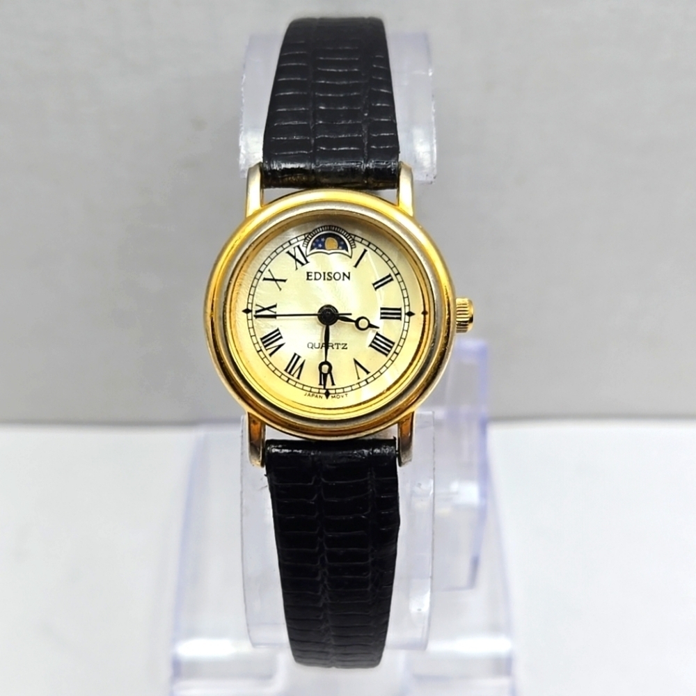 Womens Vintage Edison Moon Phase MOP 24mm Quartz Watch Gold Black New Battery